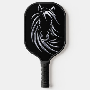 Silver Horse Head on Black Pickleball Paddle