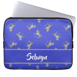 Silver horses on blue laptop sleeve