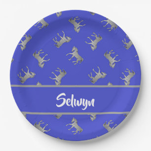 Silver horses on blue paper plate