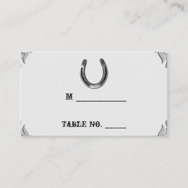 Silver Horseshoe on White Wedding Place Cards (Front)