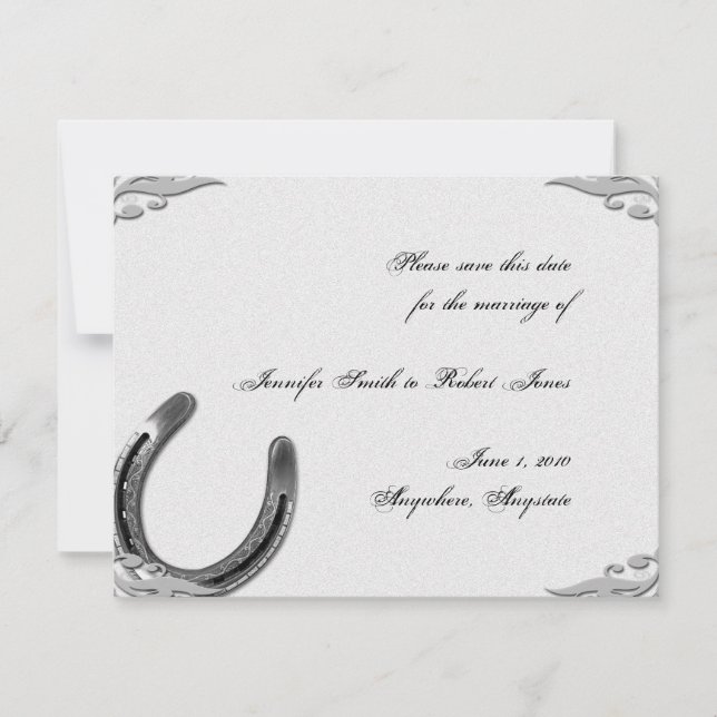 Silver Horseshoe on White Wedding Save the Date (Front)