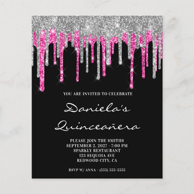 Silver Hot Pink Glitter Drip Quinceañera Invite (Front)