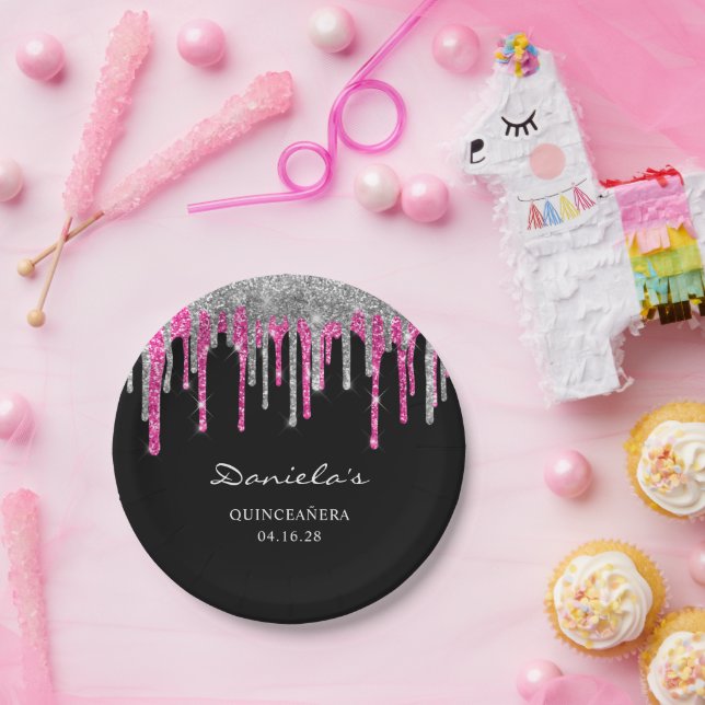 Silver Hot Pink Glitter Drips Black Quinceañera Paper Plate (Party)