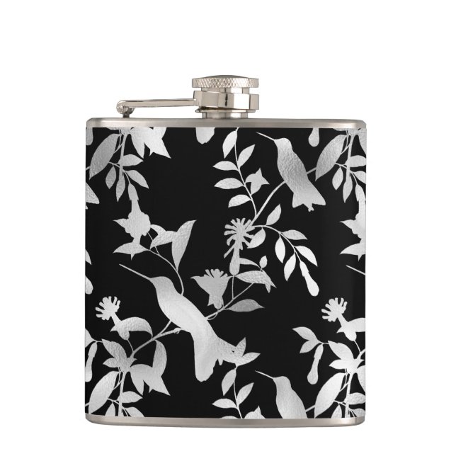 Silver Hummingbird Pattern Hip Flask (Front)