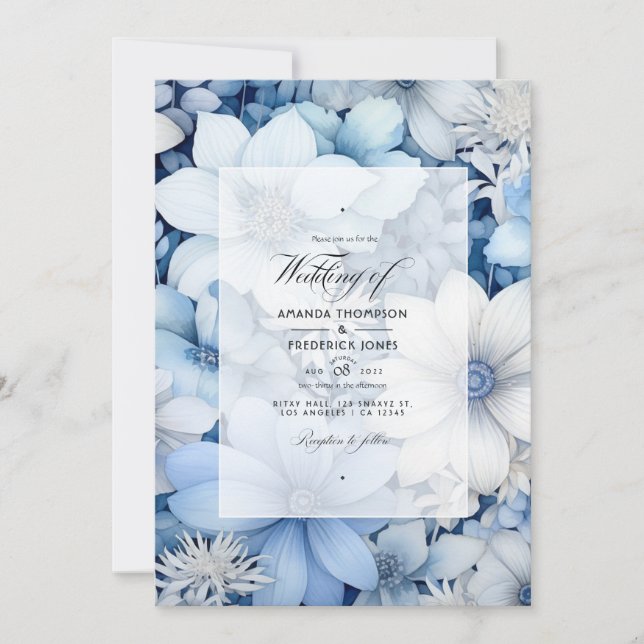 Silver, Ice Blue, Frost White and Grey Wedding Invitation (Front)