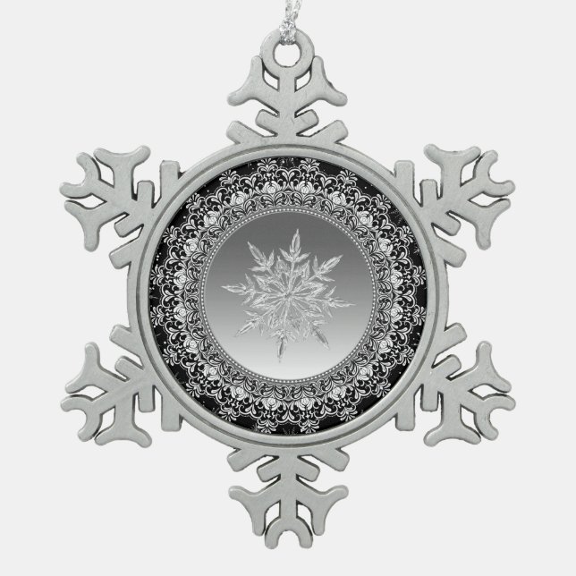 Silver Ice Snowflake Pewter Christmas Ornament (Front)