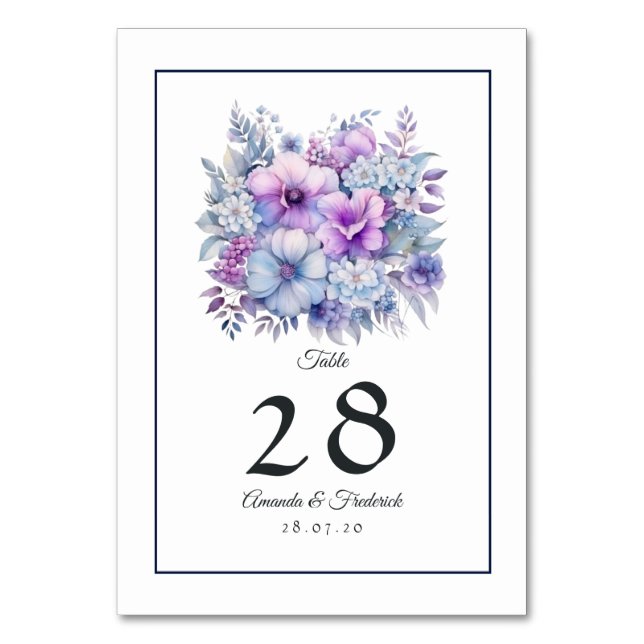 Silver, Icy Blue and Lilac Floral Wedding Table Number (Front)