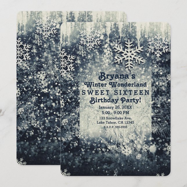 Silver Icy Snowy Winter Wonderland Sweet 16 Party Invitation (Front/Back)