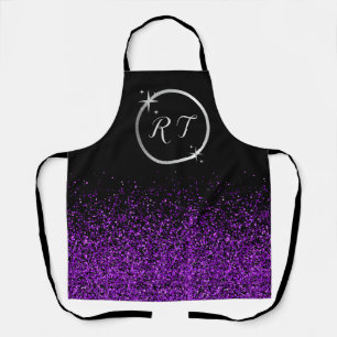 Silver initial monogram with purple glitter apron