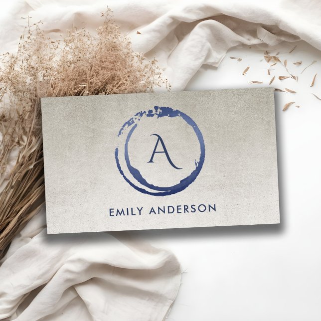 SILVER INK BLUE BRUSH MARK CIRCLE LOGO MONOGRAM BUSINESS CARD (Creator Uploaded)