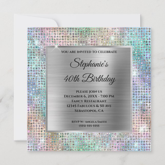 Silver Iridescent Diamond Studded Foil Birthday Invitation (Front)