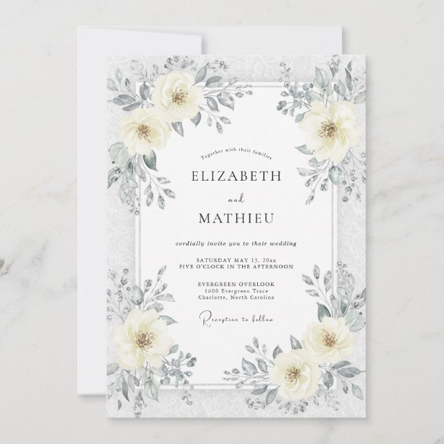 Silver Ivory Blossom Wedding Invitation (Front)