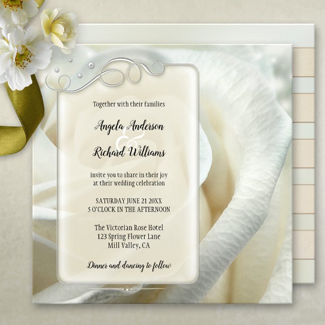Silver Ivory Rose Wedding Invitation (A modern artistic wedding invitation with silver floral swirls on an ivory rose painted background)