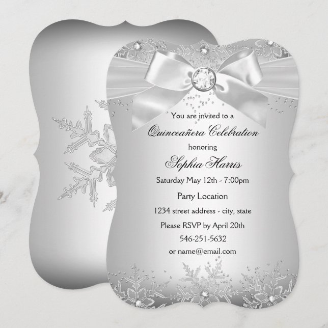 Silver Jewel Bow Snowflake Quinceanera Invitation (Front/Back)