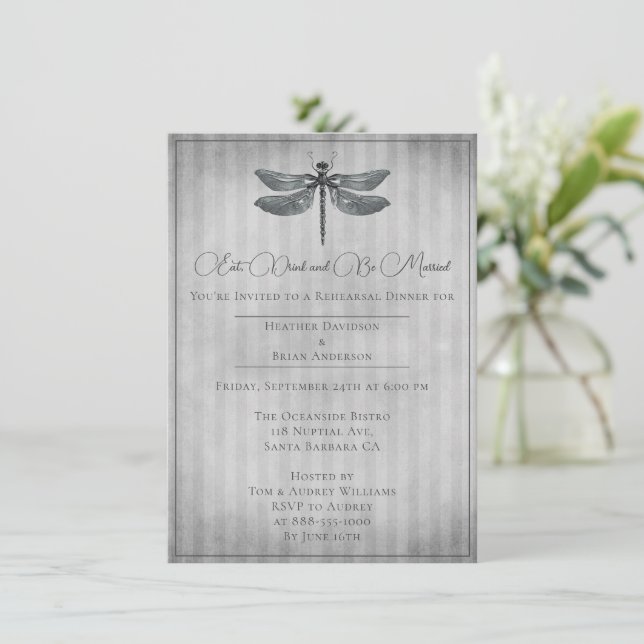 Silver Jewelled Dragonfly Rehearsal Dinner Invitation (Standing Front)