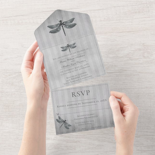 Silver Jewelled Dragonfly Wedding All In One Invitation (Tearaway)