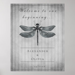 Silver Jewelled Dragonfly Wedding Welcome Poster