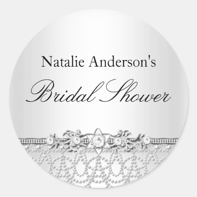 Silver Jewels & Pearls Bridal Shower Sticker (Front)