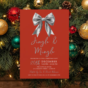 Silver Jingle Mingle Christmas Party Bow Red  Invitation