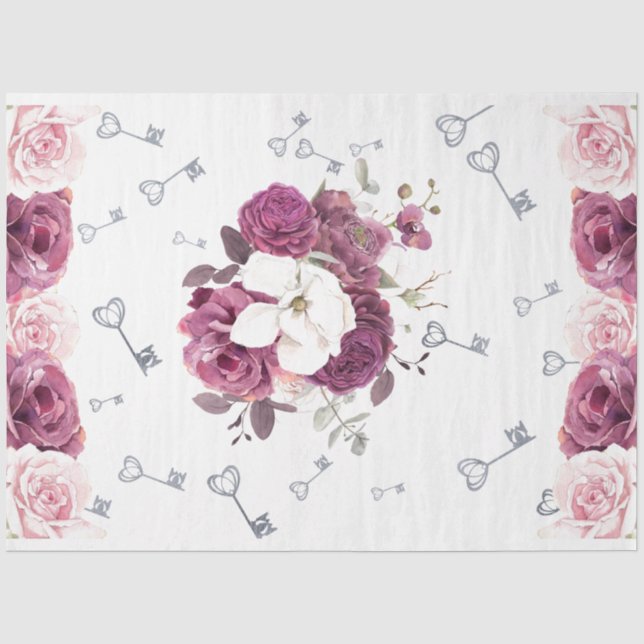 Silver Keys & Floral Wedding Tissue Paper (Front)