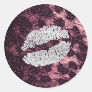Silver Kiss Lips Glitter Sparkly Cheetah Leopard Classic Round Sticker