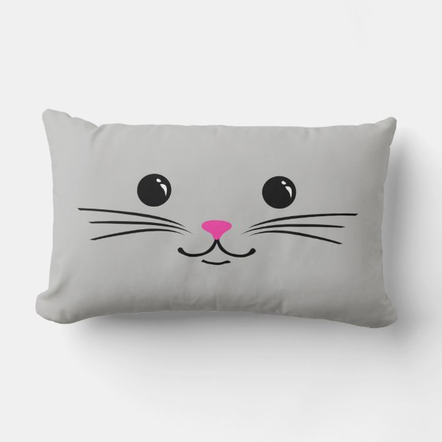 Silver Kitty Cat Cute Animal Face Design Lumbar Pillow (Front)