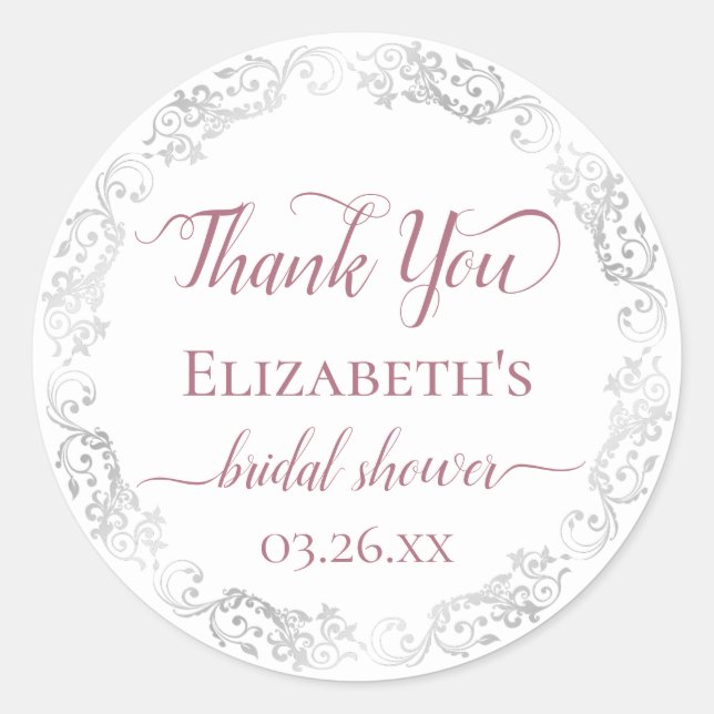 Silver Lace and Dusty Rose Bridal Shower Thank You Classic Round Sticker (Front)