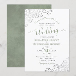 Silver Lace and Sage Green Formal White Wedding Invitation