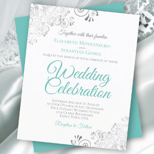 Silver Lace & Aqua BUDGET White Wedding Invitation