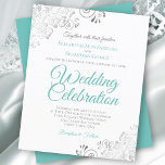 Silver Lace & Aqua BUDGET White Wedding Invitation<br><div class="desc">These affordable, budget friendly wedding invitations are the perfect choice for class, style, and beauty on a budget. The design features aqua, cyan, or bright teal and grey text on a classic white background with ornate silver grey curls and swirls in the corners. The typography includes fancy script lettering for...</div>