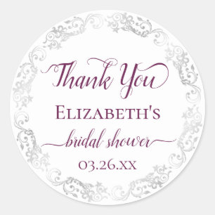 Silver Lace Berry on White Bridal Shower Thank You Classic Round Sticker
