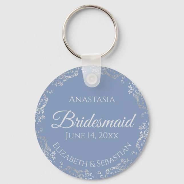 Silver Lace Bridesmaid Periwinkle Blue Wedding Keychain (Front)