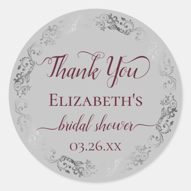 Silver Lace Burgundy Grey Bridal Shower Thank You Classic Round Sticker (Front)