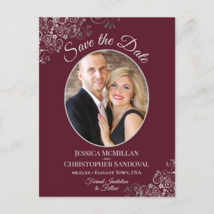 Silver Lace Burgundy Wedding Save the Date Photo Announcement Postcard