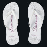 Silver Lace Cassis on White Bridesmaid Wedding Flip Flops<br><div class="desc">These elegant wedding flip flops are a great way to thank and recognize your bridesmaids, while giving their feet a rest after a long day. The beautiful design features an elegant design with silver grey lace frills on a white background and fancy cassis purple, magenta, or berry coloured script lettering....</div>