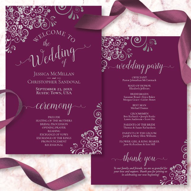 Silver Lace & Cassis Purple Budget Wedding Program (In Situ Front and Back)