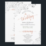 Silver Lace Coral on White Budget Wedding Program<br><div class="desc">These wedding programs are elegant and tasteful, while still being budget friendly. The design features ornate silver grey faux foil lace with terracotta or coral orange and grey text on a white background. The typography features lacy script calligraphy, and there is room for details on the ceremony, the bridal party,...</div>