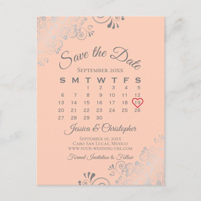 Silver Lace Coral Wedding Save the Date Calendar Announcement Postcard (Front)