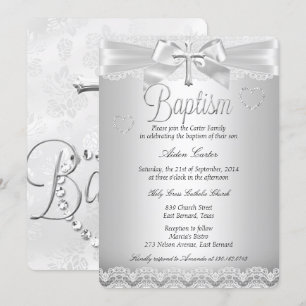 Silver Lace Cross Baptism Boy or Girl Invitation