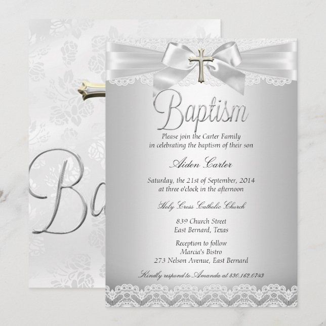 Silver Lace & Cross Baptism Boy or Girl Invitation (Front/Back)