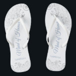 Silver Lace & Dusty Blue Maid of Honour Wedding Flip Flops<br><div class="desc">These beautiful wedding flip flops are a great way to thank and recognize your Maid of Honour while saving her feet at the same time. Features an elegant design with silver grey lace on a white background and fancy dusty blue script lettering. The test reads Maid of Honour with her...</div>