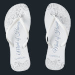 Silver Lace & Dusty Blue Maid of Honour Wedding Flip Flops<br><div class="desc">These beautiful wedding flip flops are a great way to thank and recognize your Maid of Honour while saving her feet at the same time. Features an elegant design with silver grey lace on a white background and fancy dusty blue script lettering. The test reads Maid of Honour with her...</div>