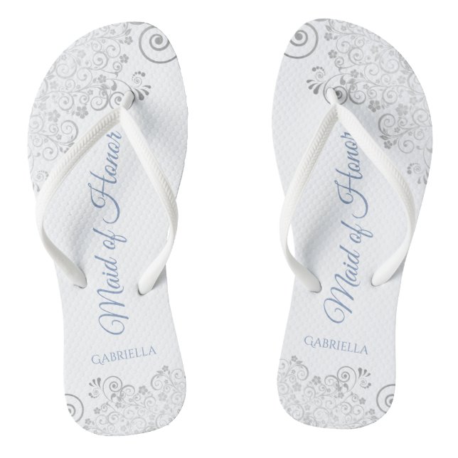 Silver Lace & Dusty Blue Maid of Honour Wedding Flip Flops (Footbed)