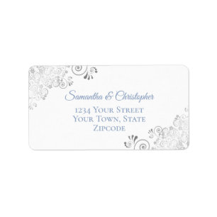 Silver Lace Dusty Blue on White Wedding Address Label