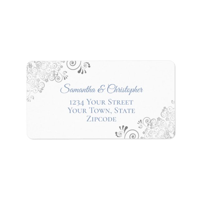 Silver Lace Dusty Blue on White Wedding Address Label (Front)