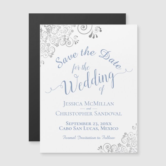 Silver Lace Dusty Blue Save the Date White Magnet (Front/Back)