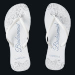 Silver Lace & Dusty Blue Script Bridesmaid Wedding Flip Flops<br><div class="desc">These elegant wedding flip flops are a great way to thank and recognize your bridesmaids, while giving their feet a rest after a long day. The beautiful design features an elegant design with silver grey lace frills on a white background and fancy dusty blue script lettering. The text reads Bridesmaid...</div>