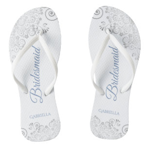 Silver Lace & Dusty Blue Script Bridesmaid Wedding Flip Flops
