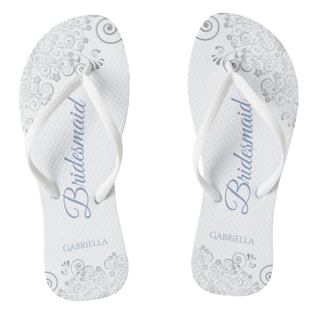 Silver Lace & Dusty Blue Script Bridesmaid Wedding Flip Flops (Footbed)