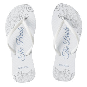 Silver Lace & Dusty Blue Script The Bride Wedding Flip Flops